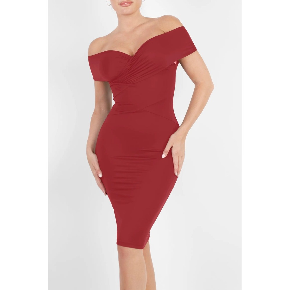 Popilush Red Off Shoulder Ruched Shapewear Dress XL V-Neck Bodycon Tummy Control